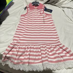 Ralph Lauren 6x faded red white stripe drop waist dress ruffled lace hem nwt
